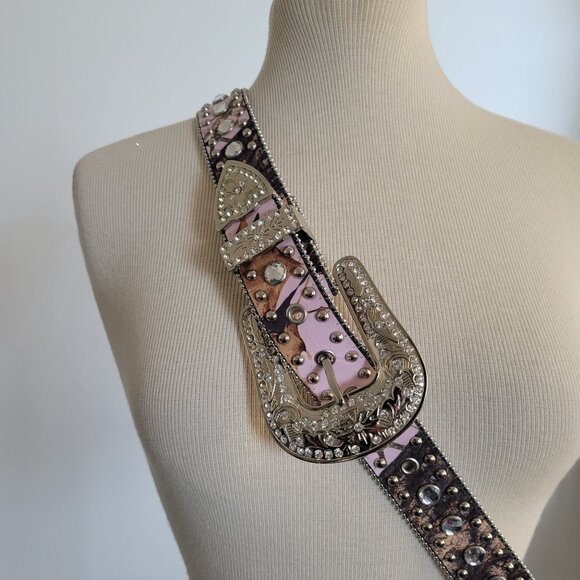 Blazin Roxx Ladies Rhinestone Pink & Brown Studded Leather Belt (Size: XL) - Picture 10 of 13